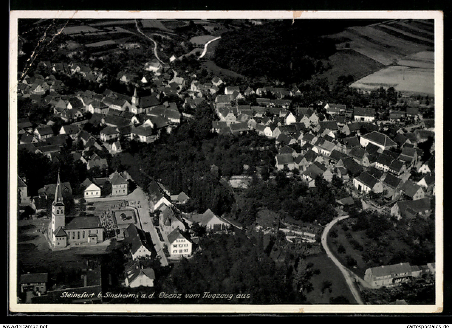 AK Steinsfurt b. Sinsheim, Teilansicht mit Kirche, Fliegeraufnahme
