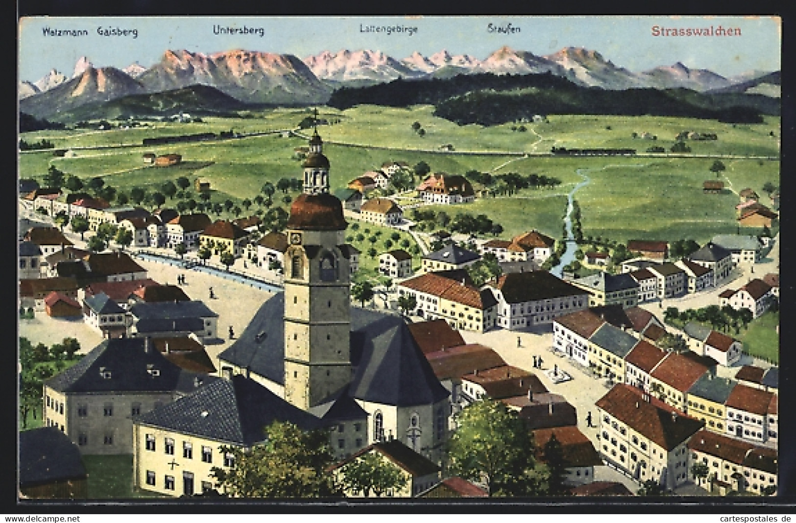 AK Strasswalchen, Blick über die Dächer auf die Berge, Gaisberg, Untersberg, Staufen