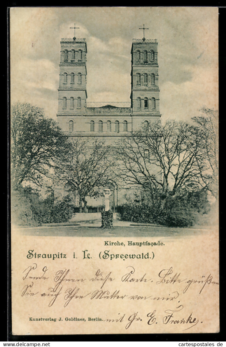AK Straupitz i. L., Ansicht der Hauptfassade der Kirche