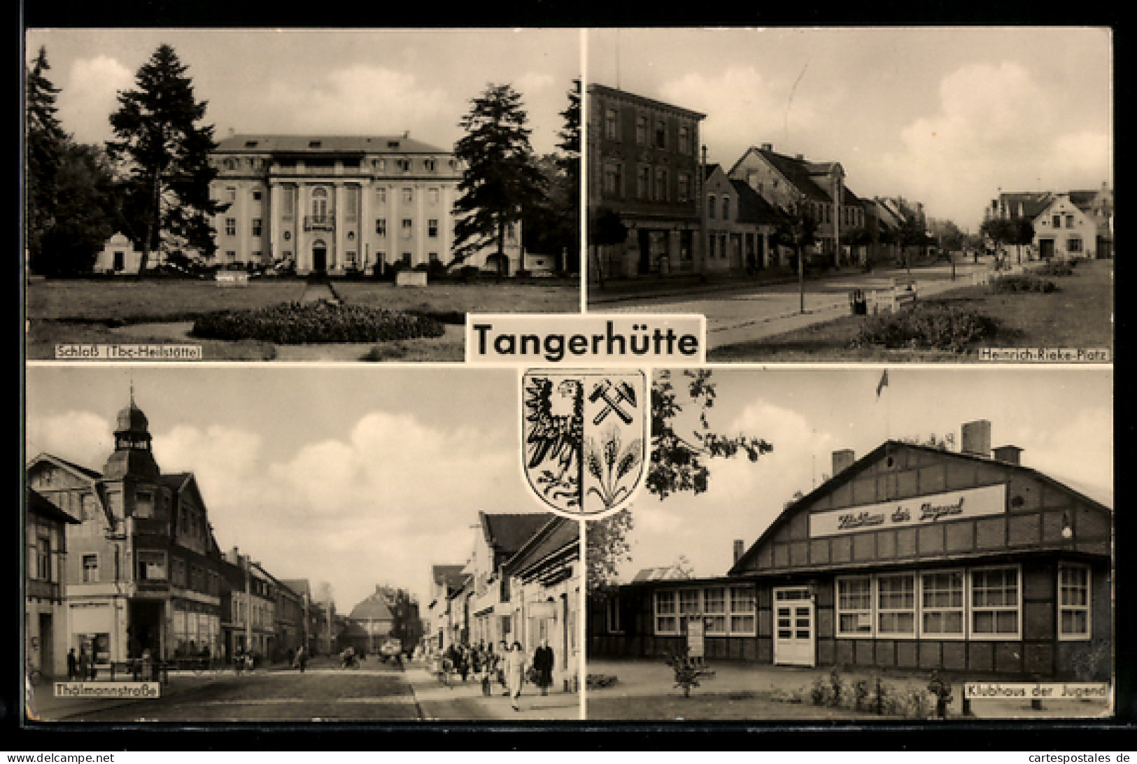 AK Tangerhütte, Schloss / TBC-Heilstätte, Heinrich-Rieke-Platz, Thälmannstrasse, Klubhaus der Jugend