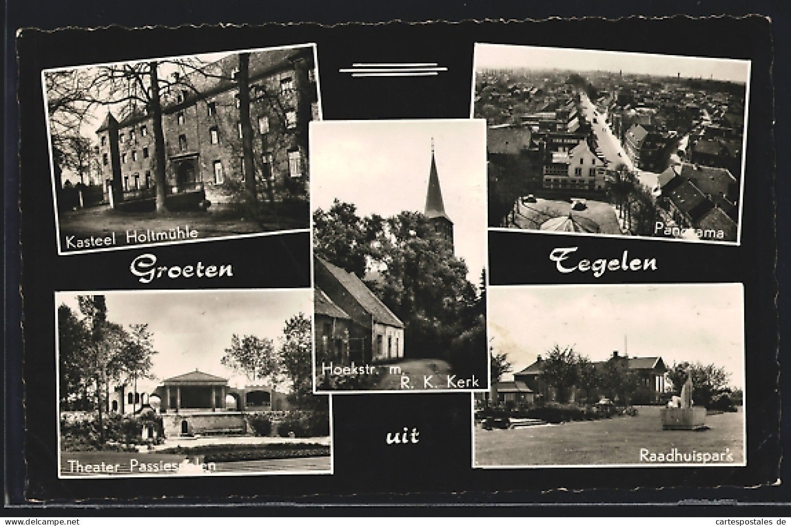 AK Tegelen, Hoekstr. m. R. K. Kerk, Theater Passiespelen, Panorama