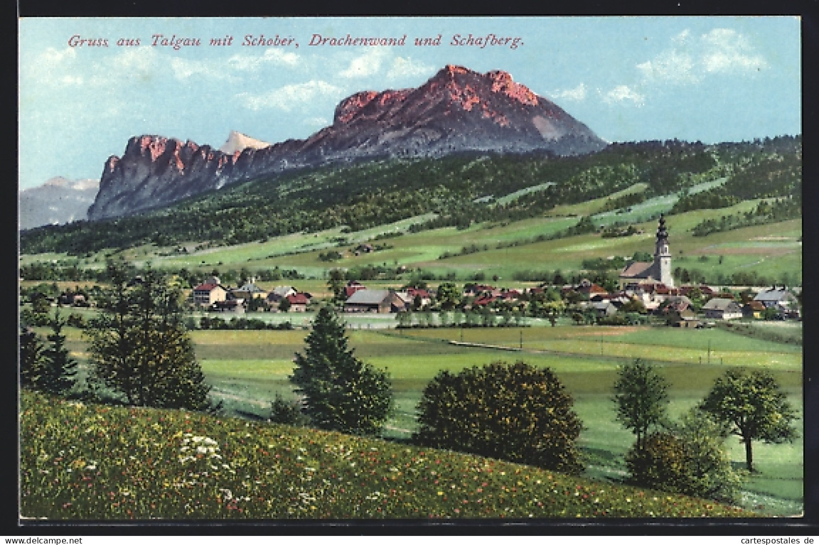 AK Thalgau, Ortsansicht mit Schober, Drachenwand und Schafberg