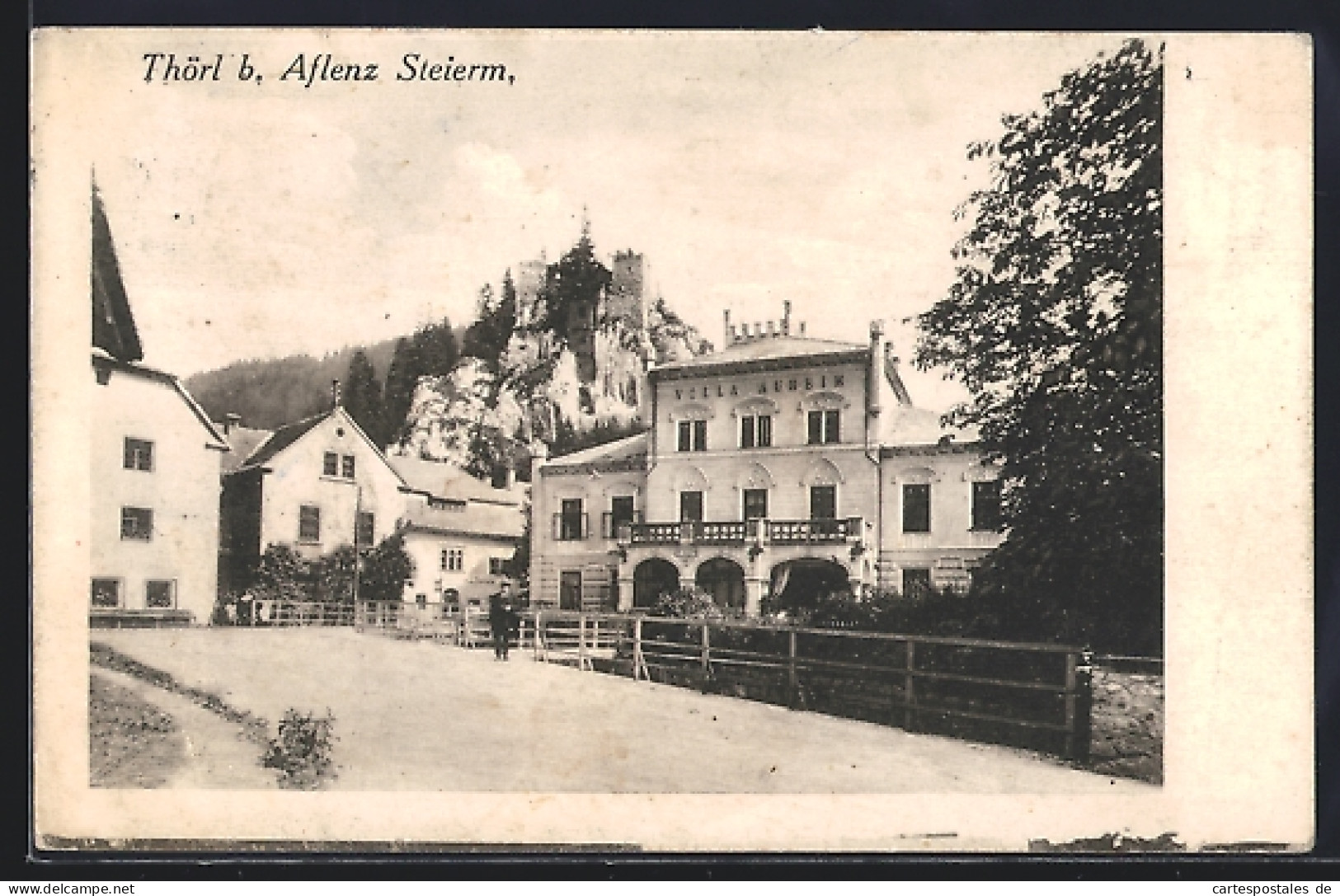 AK Thörl bei Aflenz /Steiermark, Strassenpartie mit Villa Auheim und Burgblick