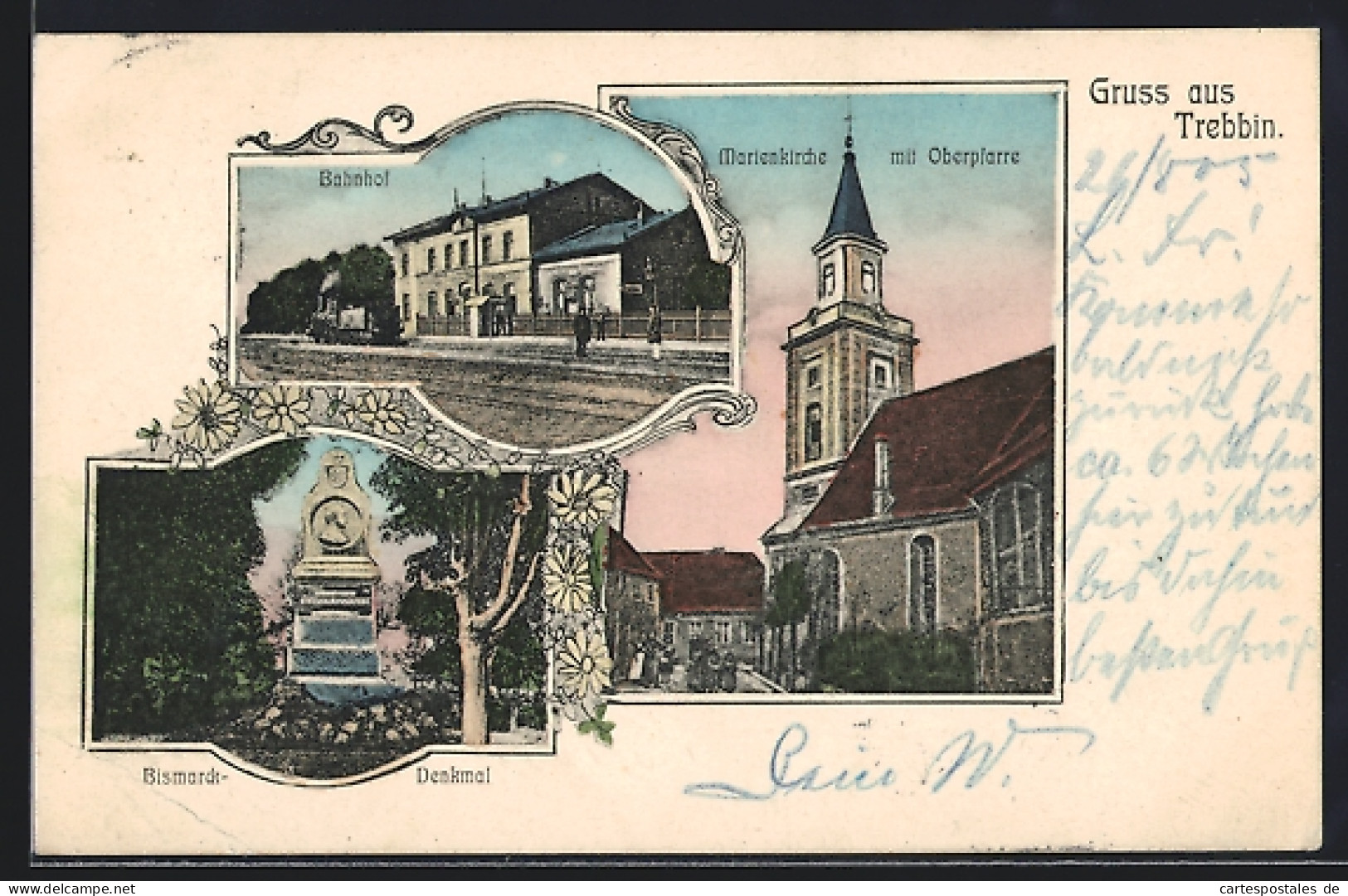 AK Trebbin, Marienkirche mit Oberpfarre, Bahnhof, Bismarck-Denkmal