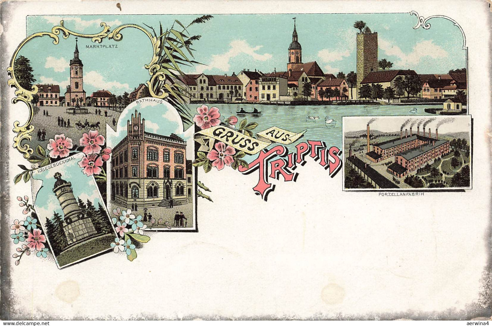 AK Triptis Marktplatz Kriegederdenkmal Porzellanfabrik Thüringen Postkarte Litho
