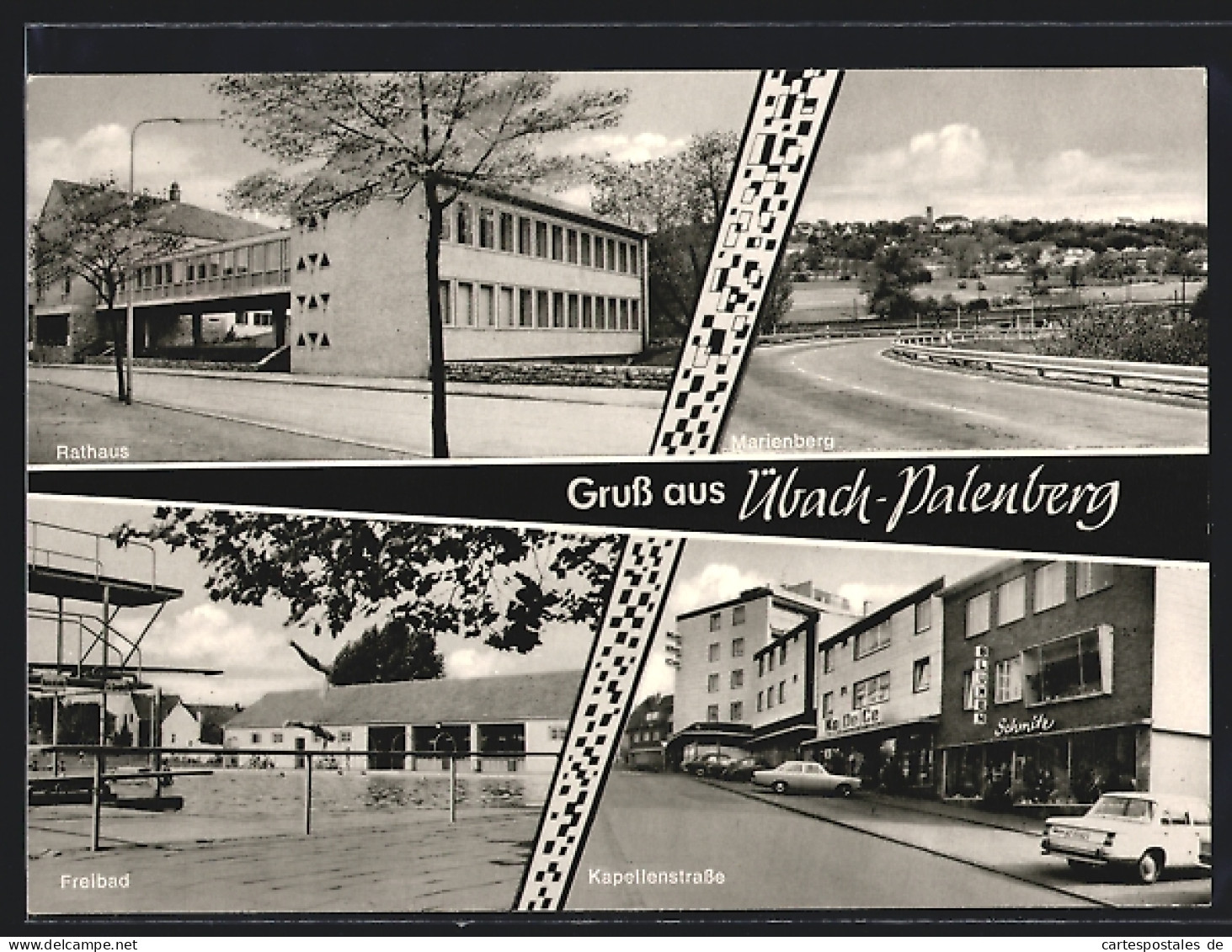 AK Übach-Palenberg, Kapellenstrasse mit Blumen Schmitz, Rathaus, Freibad