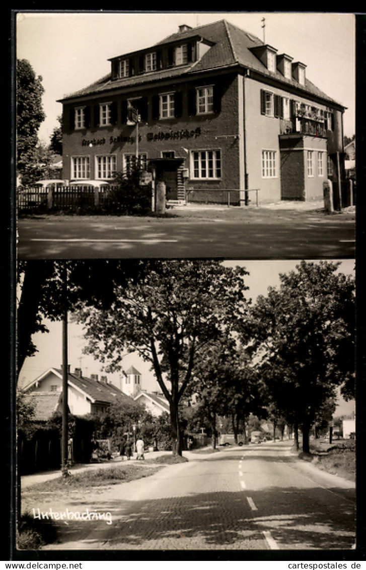 AK Unterhaching, Gasthaus Leonhard Sedlmeyer`s Waldwirtschaft, Strassenpartie