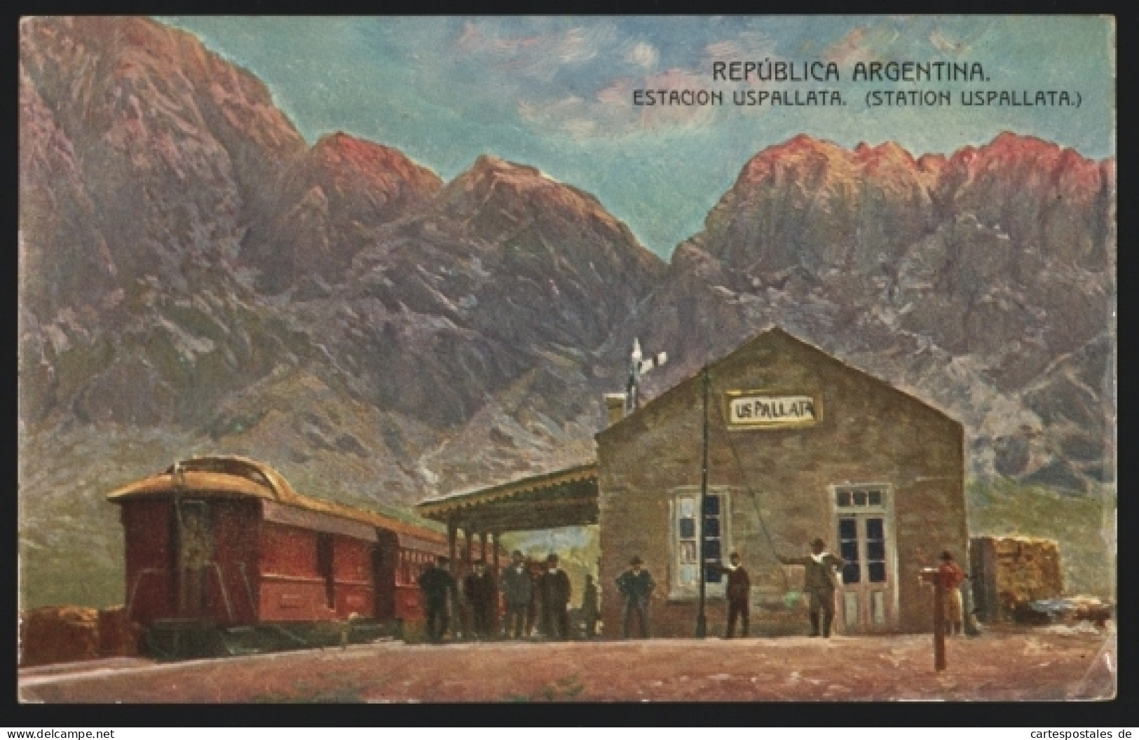 AK Uspallata, Estacion con hombres y tren, Bahnhof mit Männern