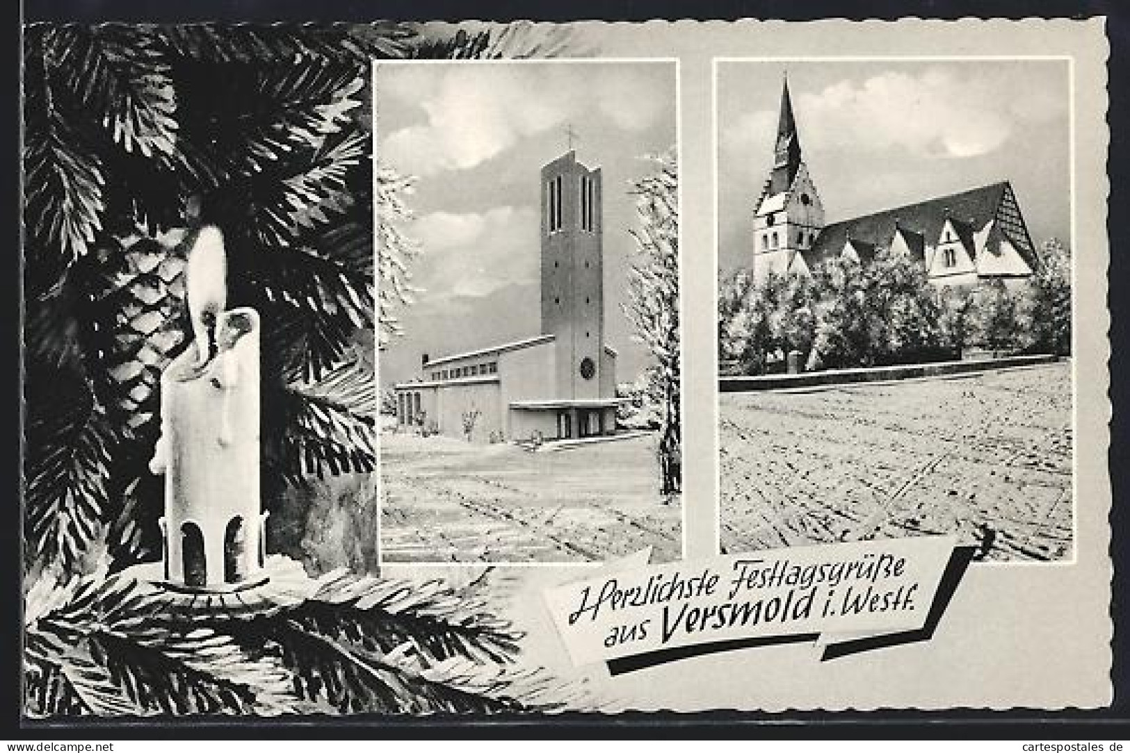 AK Versmold i. Westf., Kirche, moderne Kirche, Winteransicht, Kerze und Tannenzweige, Festtagsgruss