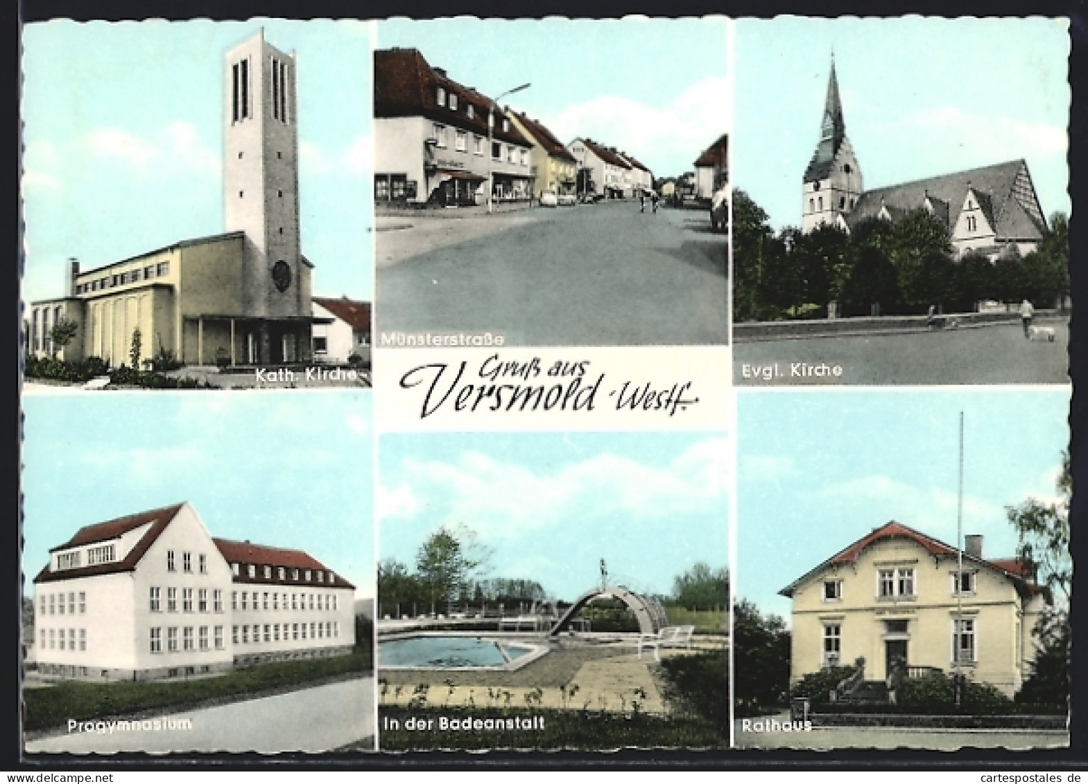 AK Versmold /Westf., Kath. Kirche, Münsterstrasse, Evgl. Kirche, Progymnasium, Badeanstalt, Rathaus