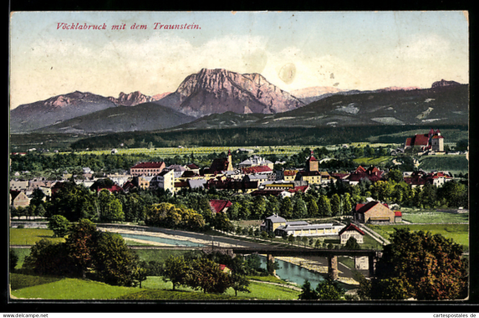 AK Vöcklabruck, Vöcklabruck mit dem Traunstein, Brücke