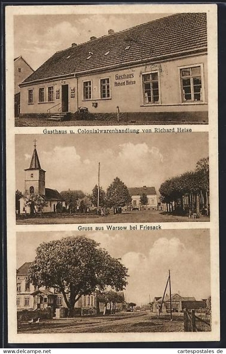 AK Warsow bei Friesack, Gasthaus u. Colonialwarenhandlung von Richard Heise, Kirche im Ort