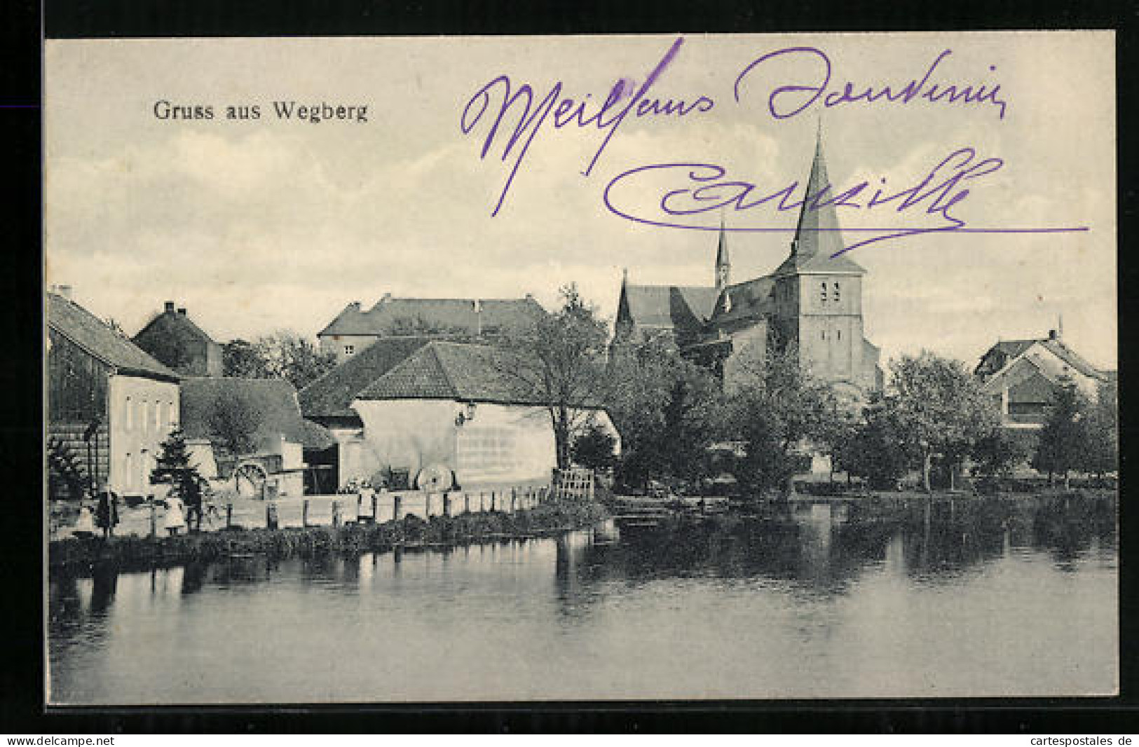 AK Wegberg, Ortspartie mit Fluss und Kirche