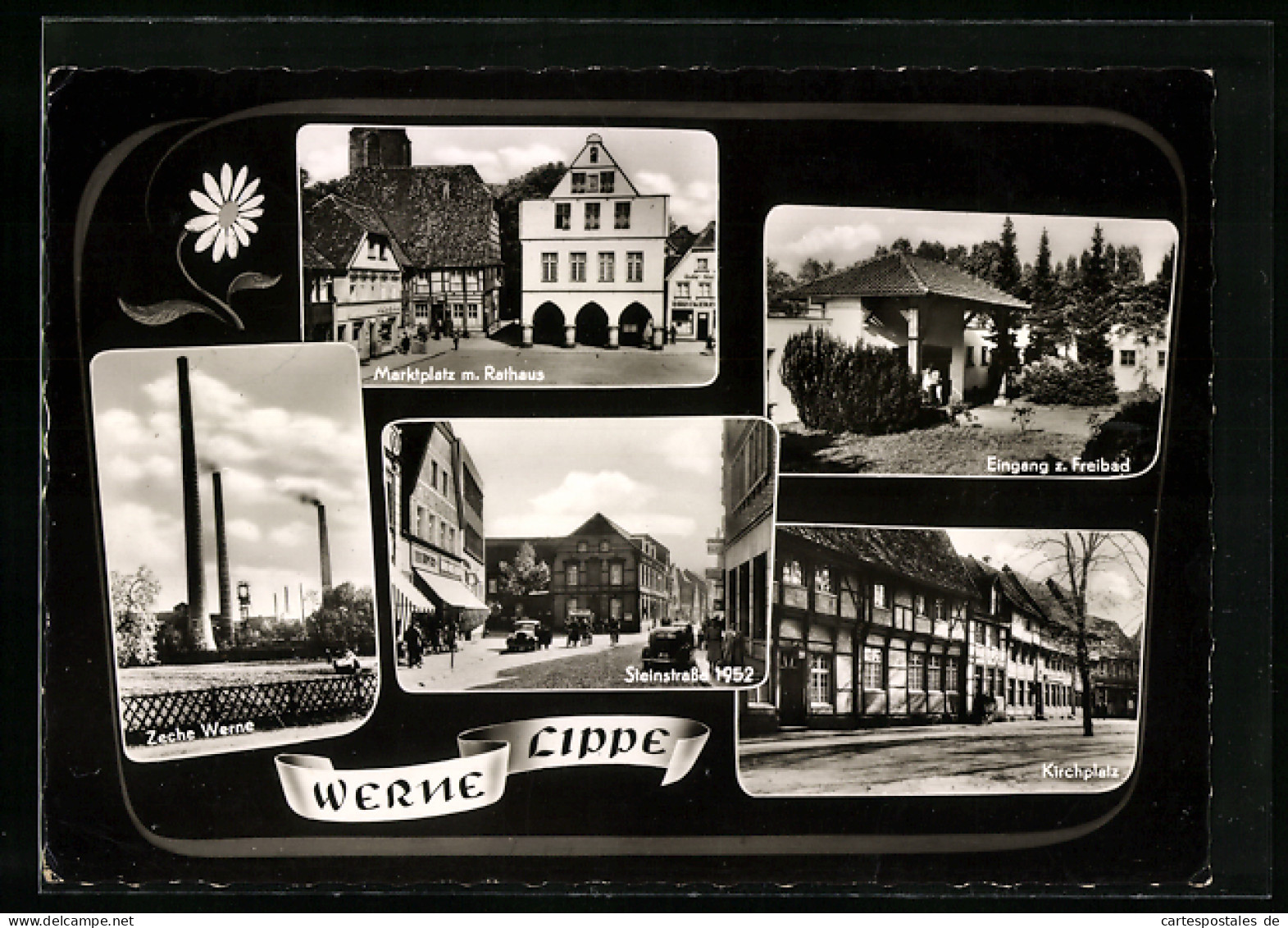 AK Werne / Lippe, Marktplatz mit Rathaus, Eingang zum Freibad, Kirchplatz, Kohlenzeche Werne, Steinstrasse 1952