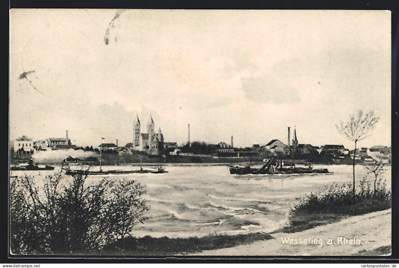 AK Wesseling /Rh., Ortspanorama mit Rhein