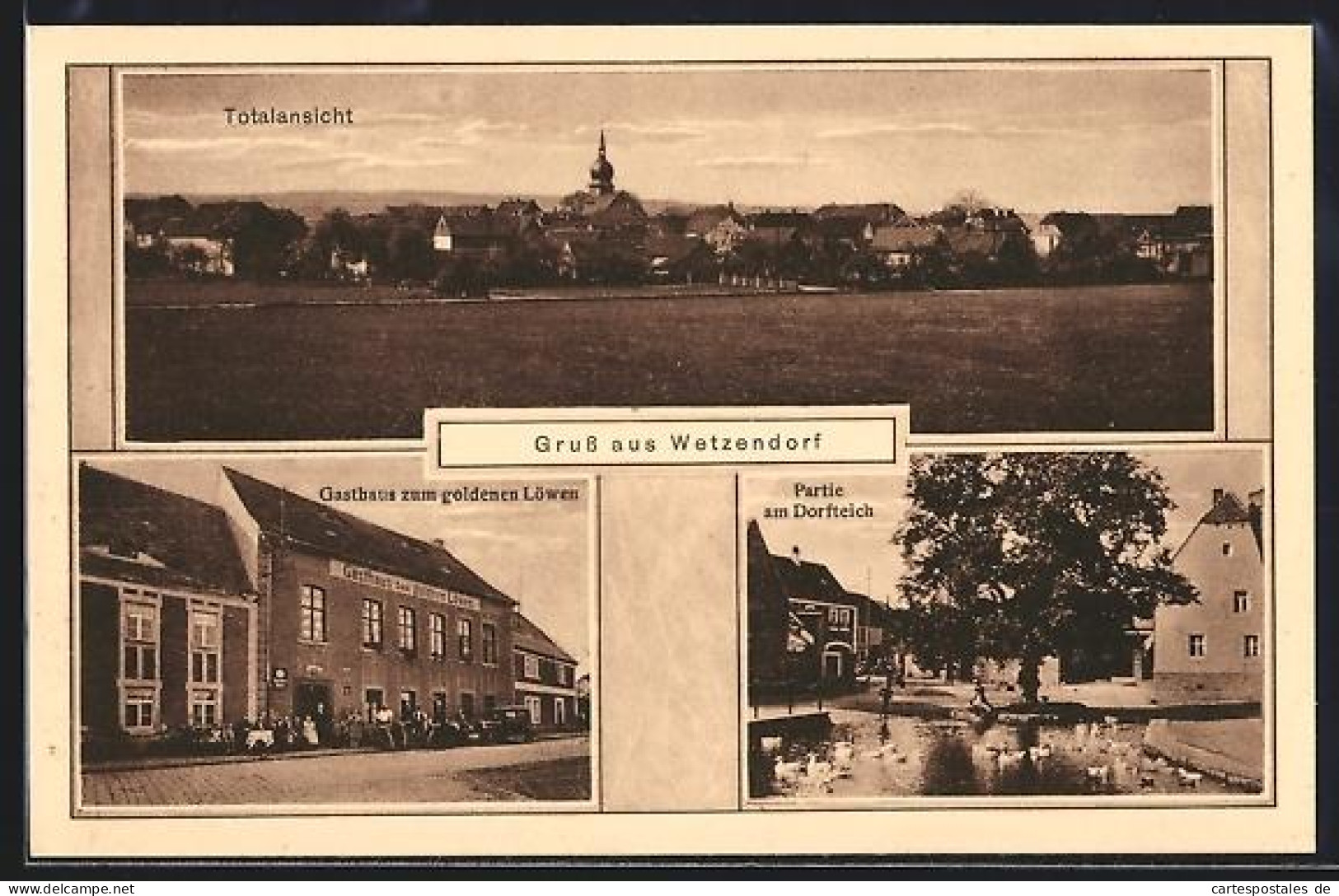 AK Wetzendorf / Karsdorf, Totalansicht, Gasthaus zum goldenen Löwen und Partie am Dorfteich