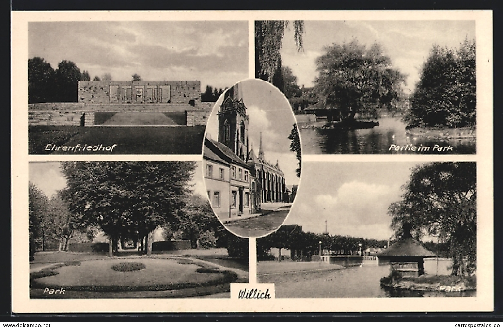 AK Willich, Ehrenfriedhof, Park, Strassenpartie mit Kirche
