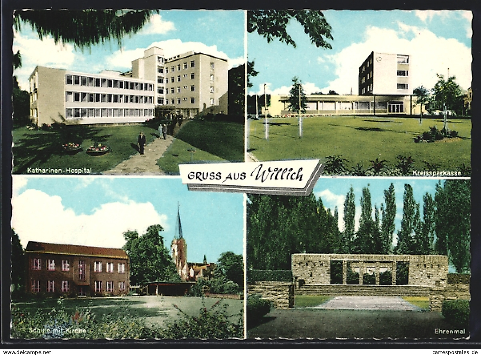 AK Willich, Kreissparkasse, Katharinen-Hospital, Schule mit Kirche