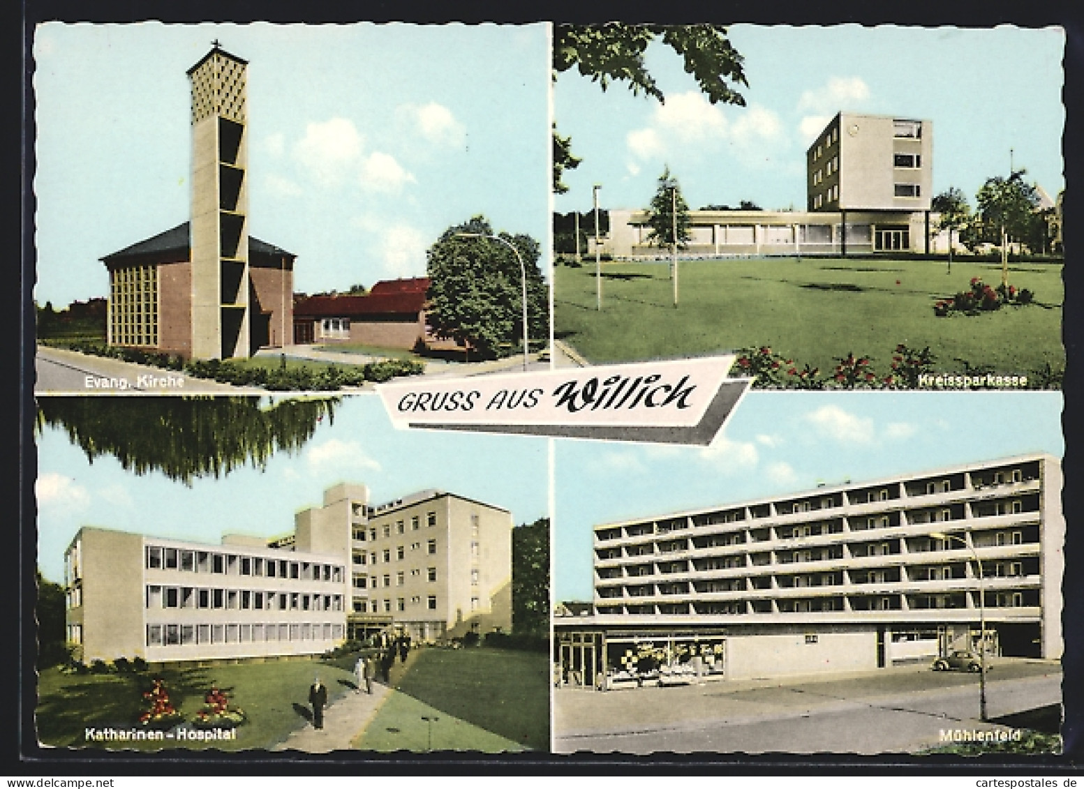 AK Willich, Mühlenfeld mit Geschäft, Kreissparkasse, Katharinen-Hospital