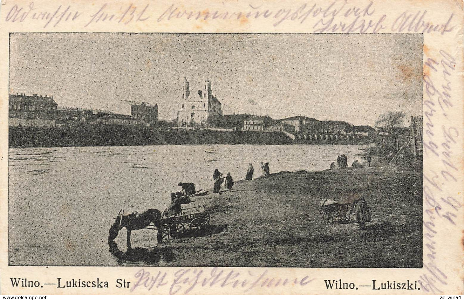 AK Wilno Lukiszki Vilnius Flussufer Pferdewagen Litauen 1916 gelaufen Postkarte