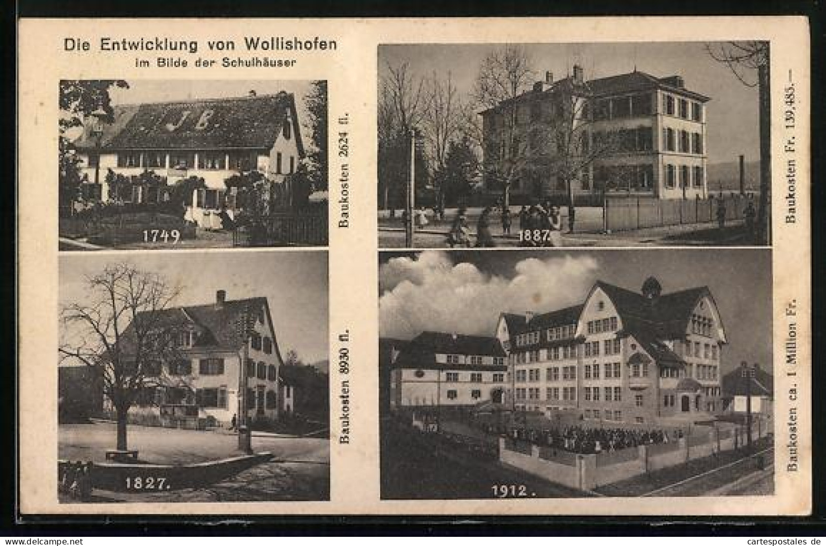 AK Wollishofen, Schulhäuser in den Jahren 1749, 1827, 1887 und 1912 zeigen die Entwicklung der Stadt