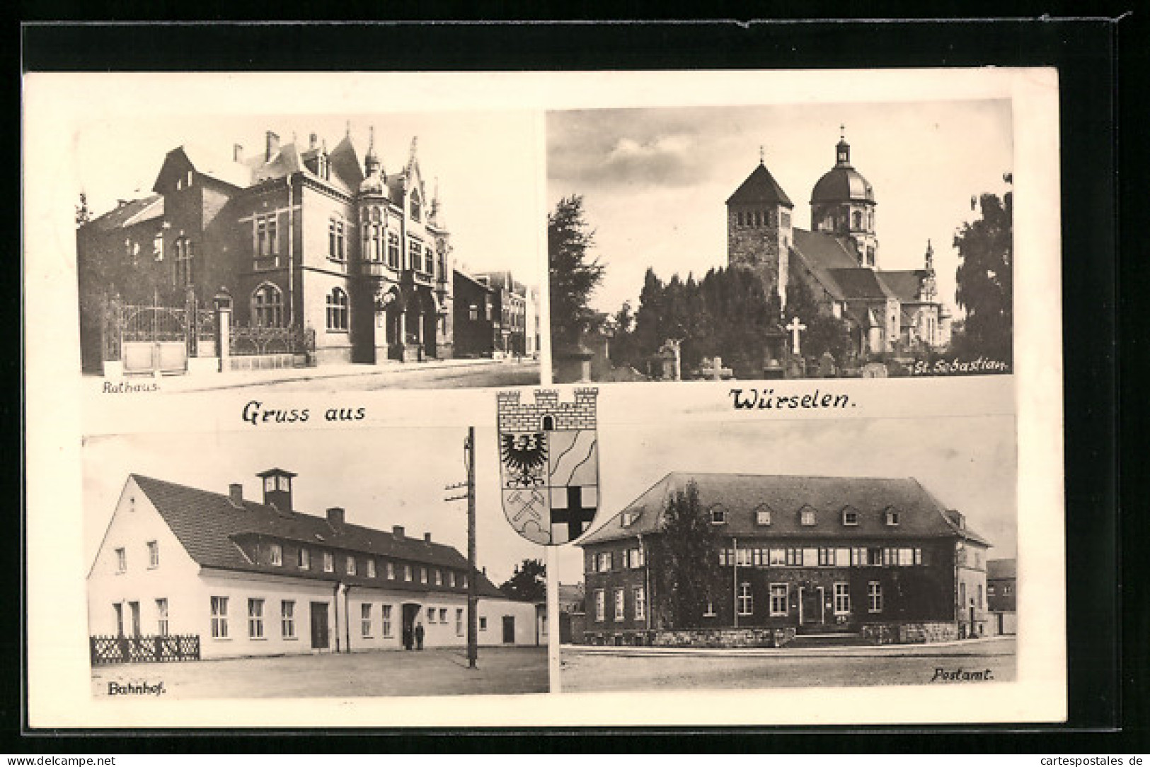 AK Würselen, am Bahnhof, das Postamt, das Rathaus, Kirche St. Sebastian