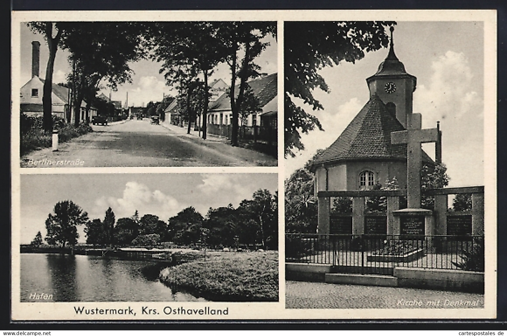 AK Wustermark /Osthavelland, Kirche mit Denkmal und Berlinerstrasse
