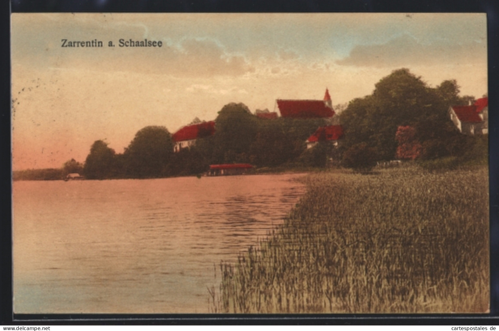 AK Zarrentin a. Schaalsee, Blick auf Seeufer und Ortsansicht mit Kirche