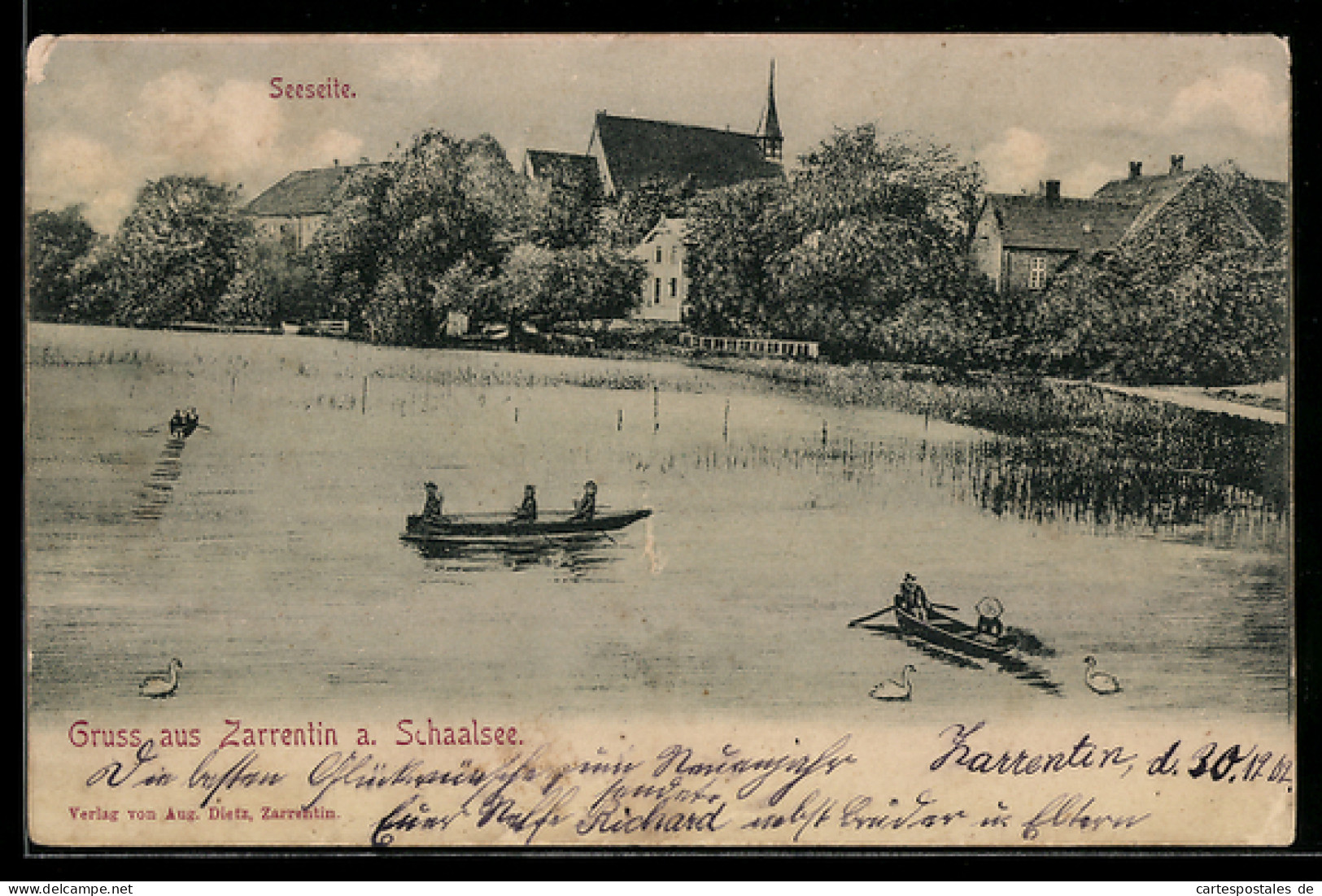 AK Zarrentin a. Schaalsee, Seeseite, Kirche, Ruderboote