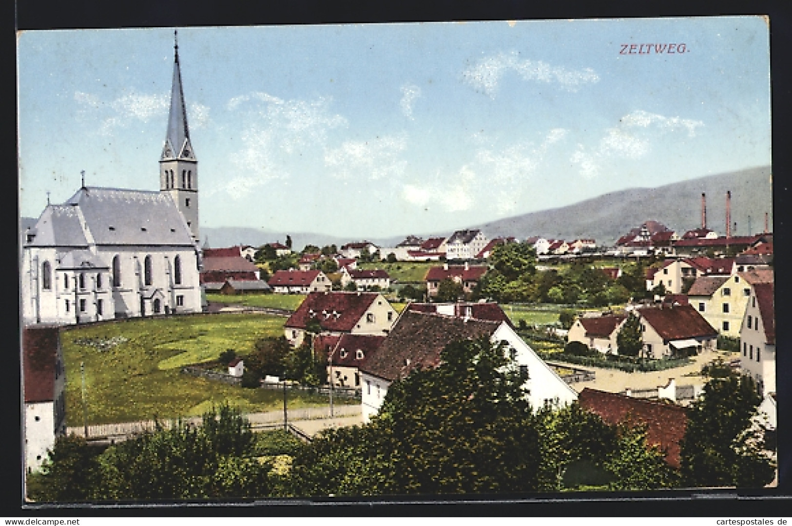 AK Zeltweg, Teilansicht der Ortschaft mit Kirche