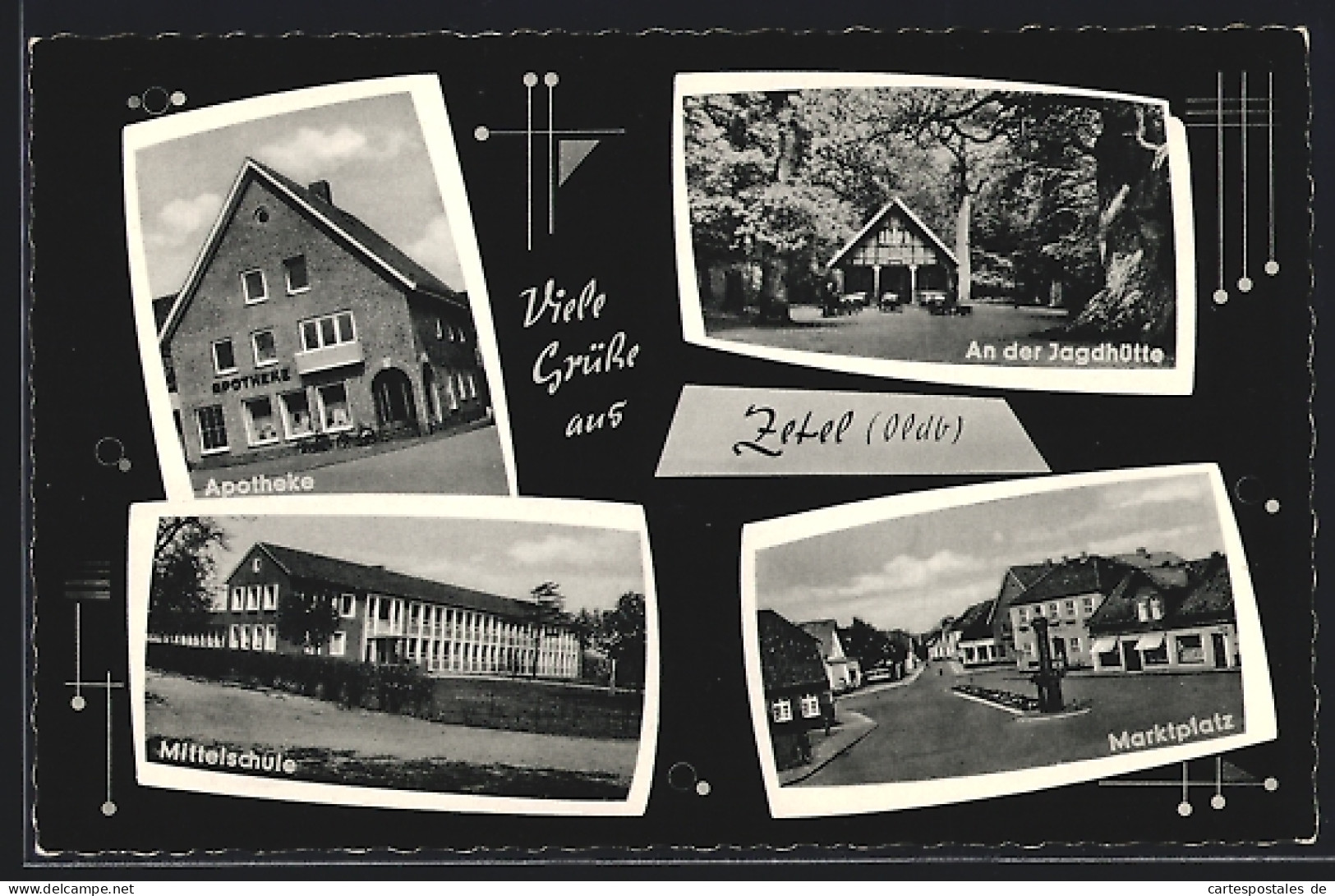 AK Zetel /Oldb., Gasthaus Jagdhütte, Apotheke, Mittelschule