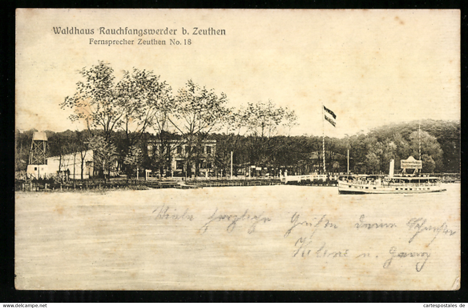 AK Zeuthen /Mark, Waldhaus Rauchfangswerder, Dampferanleger, Fahne