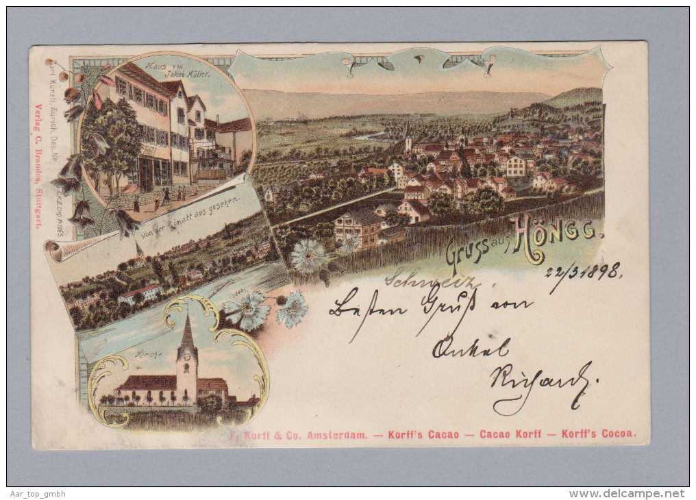 AK ZHs ZÜRICH HÖNGG 1898-03-22 Höngg Litho Künzli Werbung Cacao Korff Karte