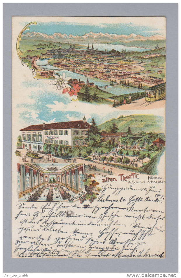 AK ZHs ZÜRICH HÖNGG 1905-06-14 Höngg Litho Restaurant alte Trotte mit Tram