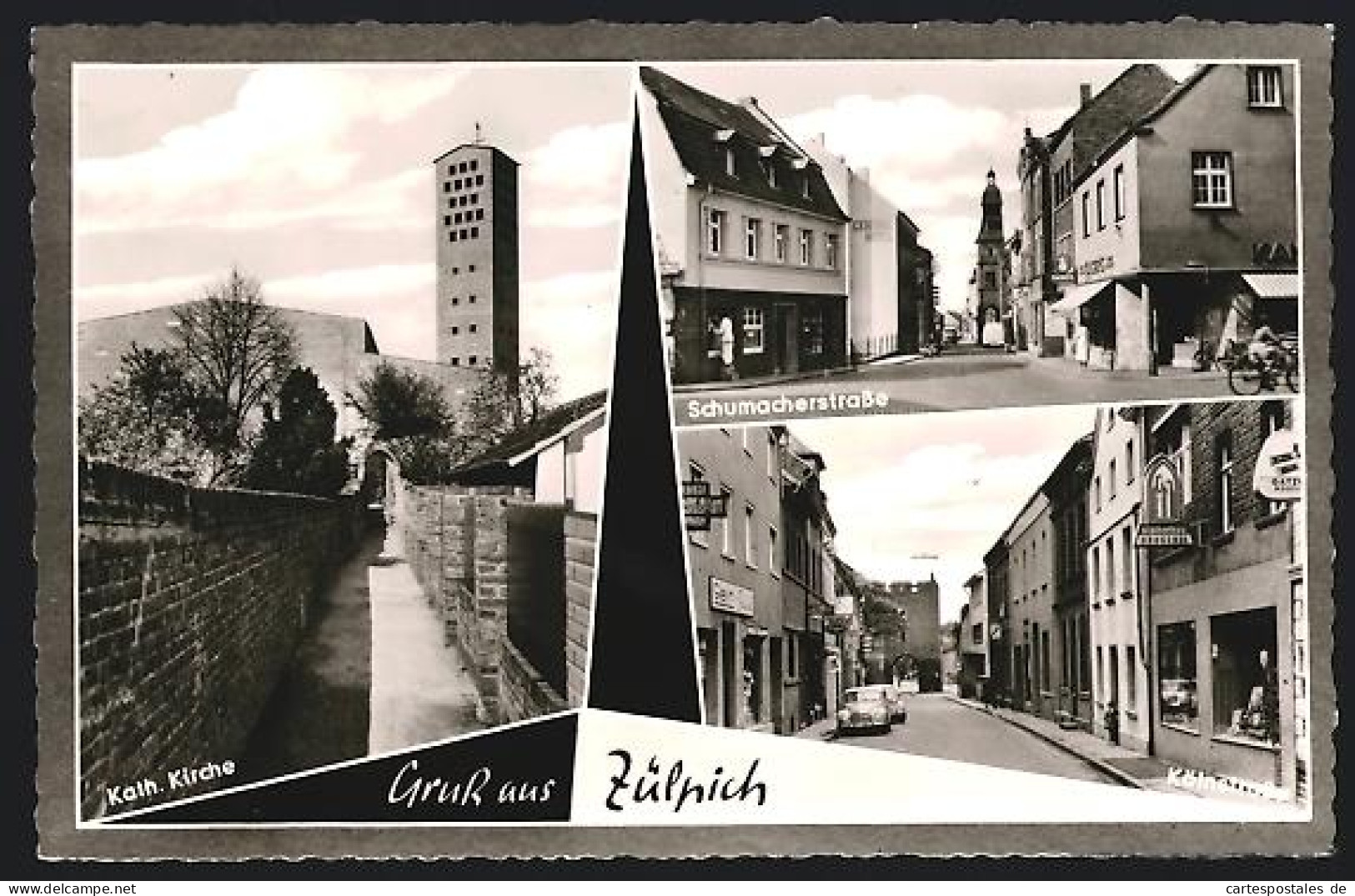 AK Zülpich, Schumacherstrasse, Kölnstrasse und katholische Kirche