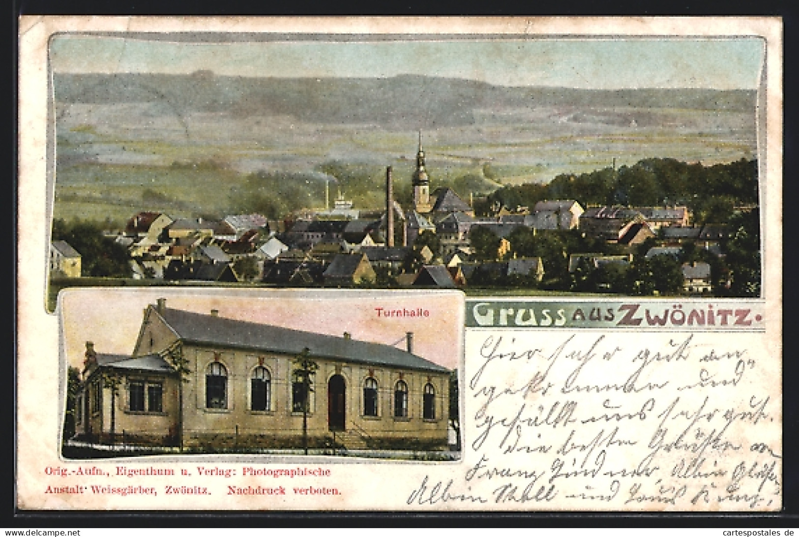 AK Zwönitz, Ansicht der Turnhalle, Ortsansicht mit Blick ins Land