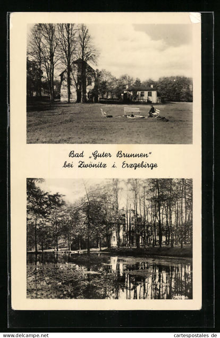 AK Zwönitz / Erzgeb., Gasthaus Guter Brunnen, Teich und Garten