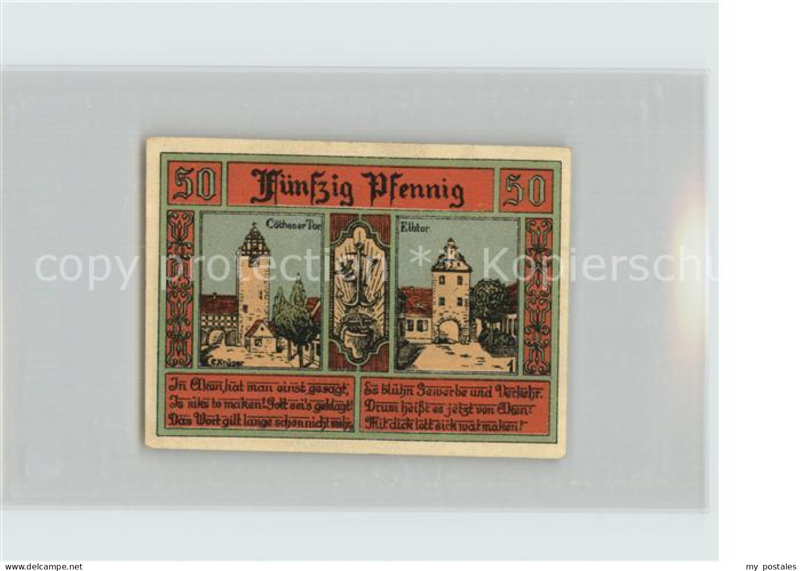 Aken Elbe 50 Pfennig Gutschein Tor Burg