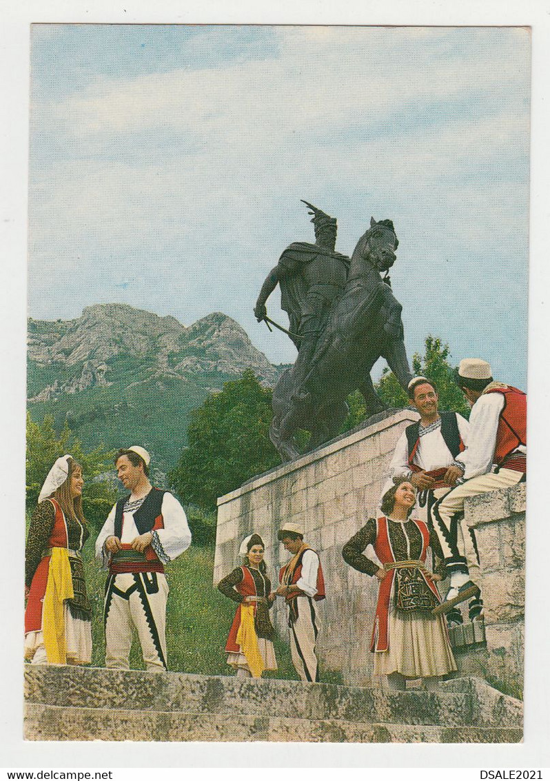 Albania Albanien Albanie Kruja Monument of Skanderbeg, Man and Woman with National Costumes 1980s Photo Postcard (8179)