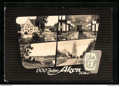 AK Aken /Elbe, Rathaus, Speisesaal VEB Flachglaswerk, Pegelhäuschen mit Fähre, 800 Jahre Aken, Wappen