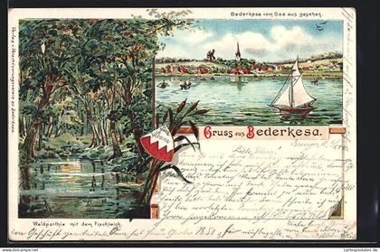 Lithographie Bederkesa, Panorama vom See aus, Waldparthie mit Fischteich