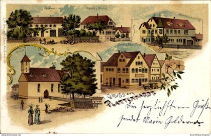 Lithographie Plattenhardt Filderstadt in Bade Württemberg, Forstamt, Gasth. z. Hirsch, zum Ross, Kirche