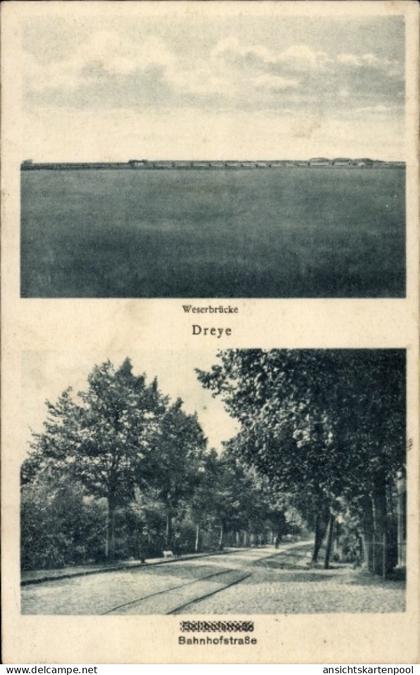 CPA Dreye Weyhe Niedersachsen, Weserbrücke, Bahnhofstraße, Bäume, Straße