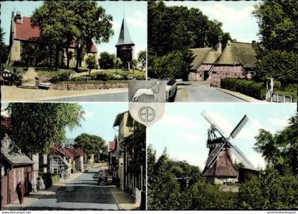 CPA Hittfeld Seevetal in Niedersachsen, Windmühle, Wappen, Teilansicht, Fachwerkhaus