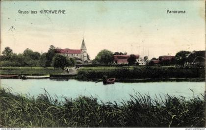CPA Kirchweyhe Weyhe Niedersachsen, Panoramaansicht, Kirche, Wasser, Boote, Bäume