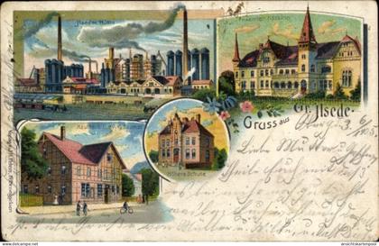 Lithographie Groß Ilsede in Niedersachsen, Ilseder Hütte, Höhere Schule, Kaufhaus