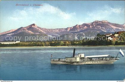 Chiemsee Herreninsel mit Chiemgauer Alpen Boot