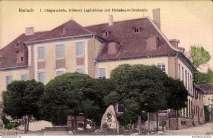 CPA Bad Rodach Oberfranken Bayern, I. Bürgerschule, früheres Jagdschloss mit Hohnbaum-Denkstein