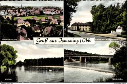 CPA Ismaning in Oberbayern, Schloss, Kriegerdenkmal, Isarbrücke, Weiher