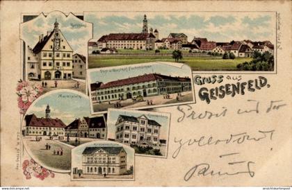 Lithographie Geisenfeld an der Ilm, Gesamtansicht, Marktplatz, Rathaus, Post, Gasthof